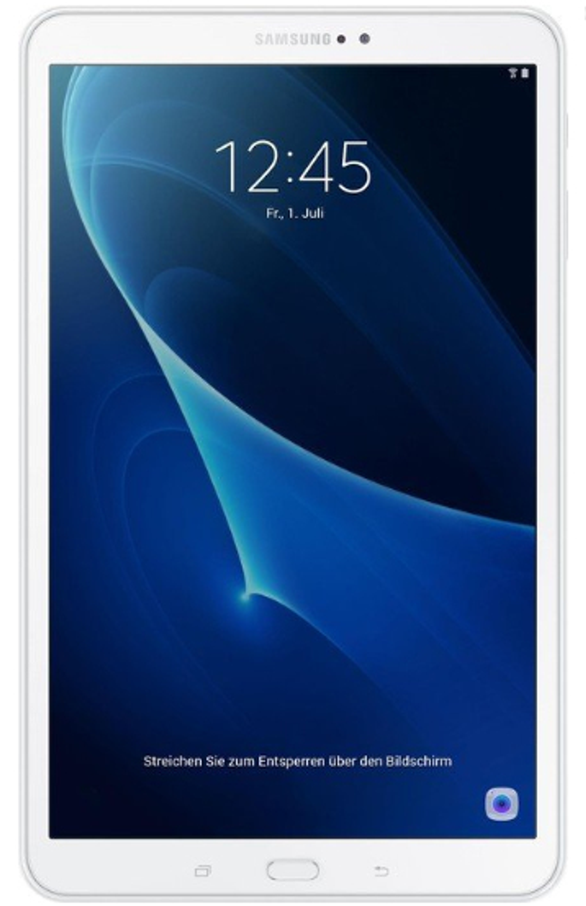 Ein weißes Samsung-Tablet, das die Uhrzeit und das Datum anzeigt. Der Bildschirm hat einen blauen Hintergrund.