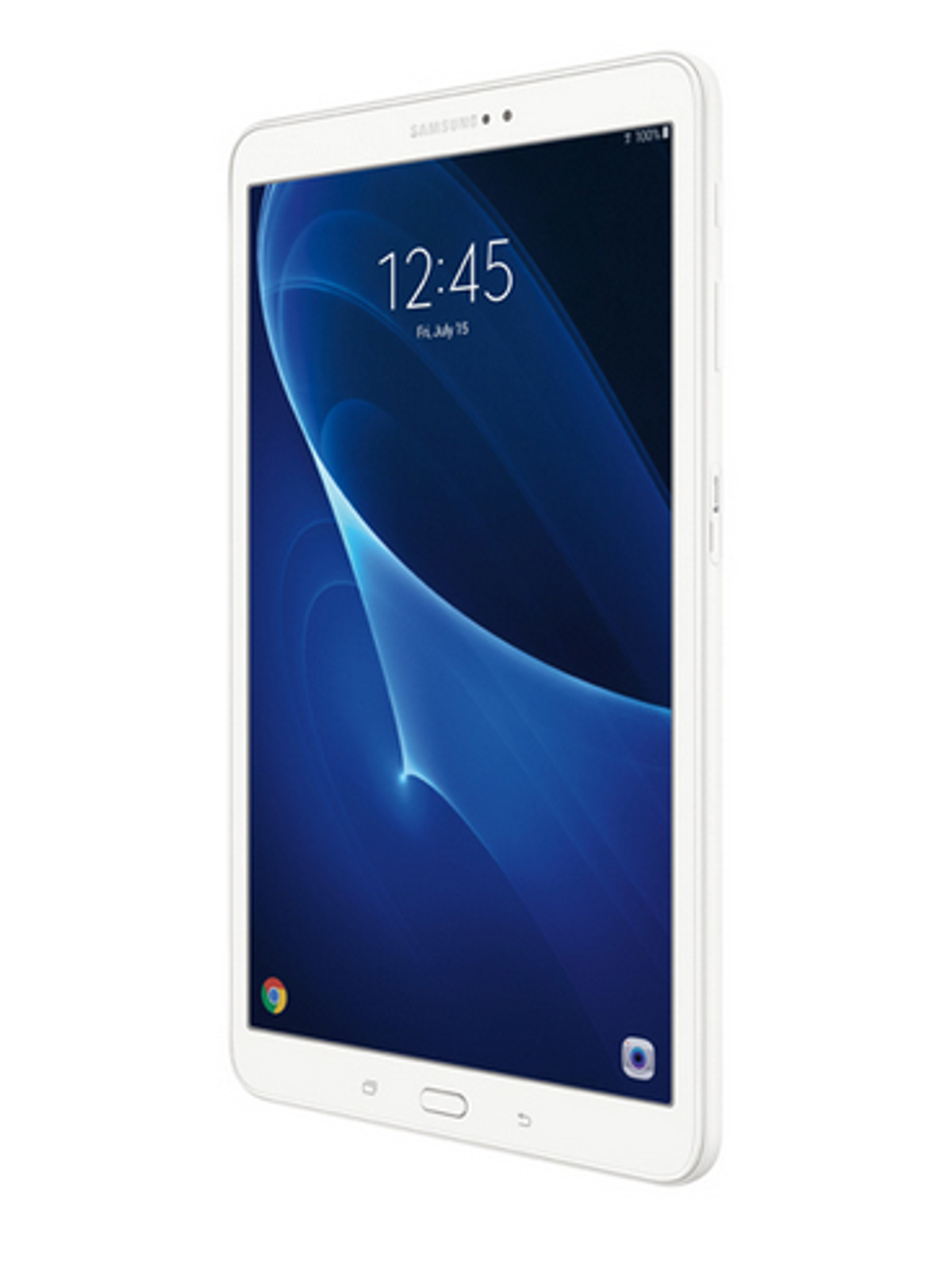 Ein weißes Samsung-Tablet mit 12:45 Uhr am Freitag, 15. Juli, auf blauem Hintergrund.