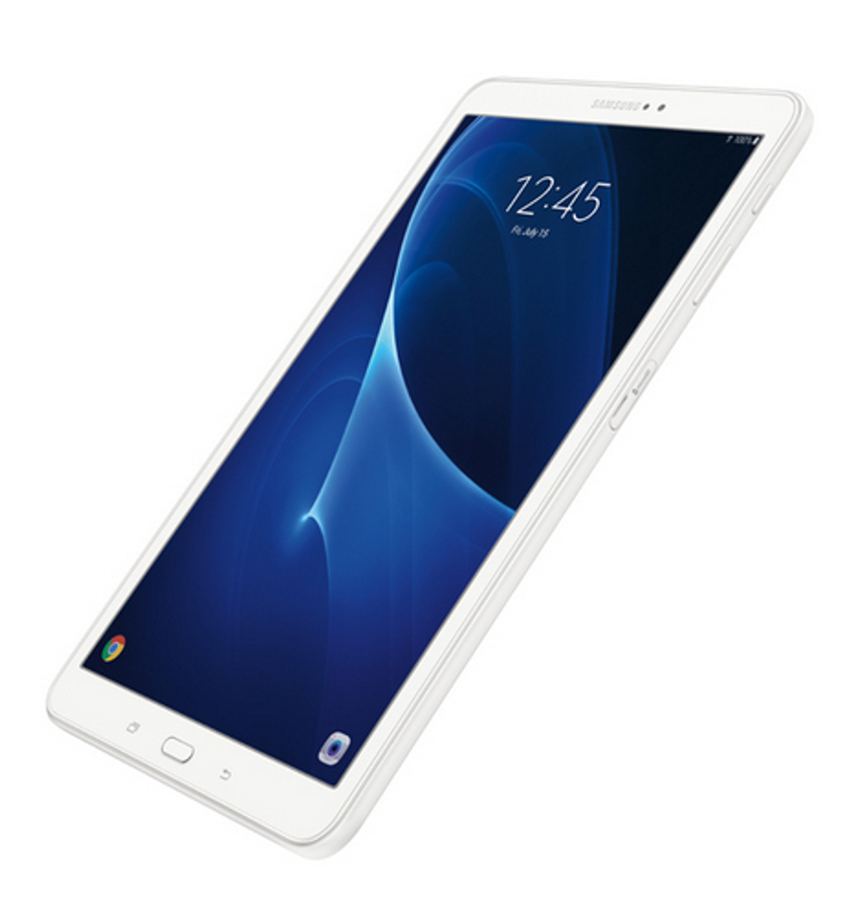 Ein weißes Tablet zeigt eine blaue Grafik und die Uhrzeit. Das Tablet ist auf weißem Hintergrund.