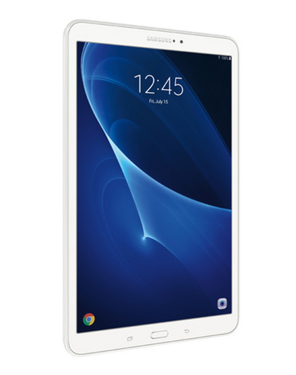 Weißes Samsung Tablet auf weißem Hintergrund. Der Bildschirm zeigt einen blauen Farbverlauf mit Uhrzeit und Datum.