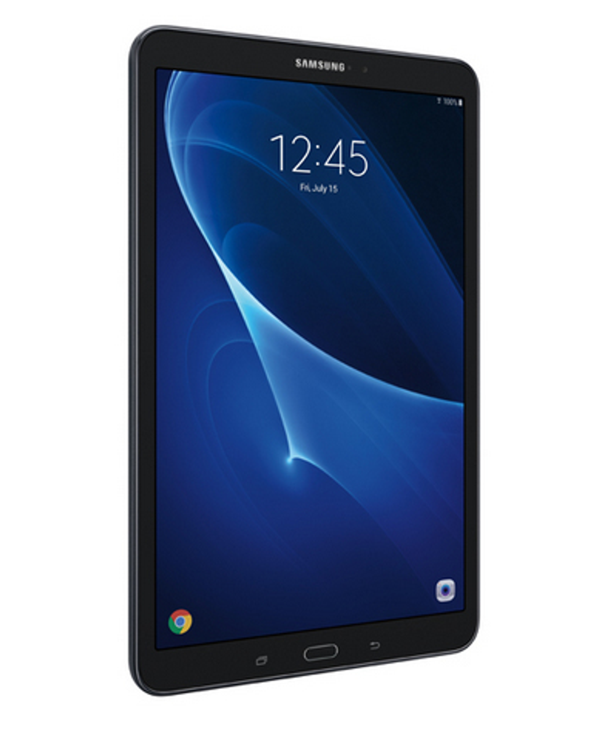 Ein schwarzes Samsung-Tablet zeigt ein blau-weißes abstraktes Design mit einer Uhr um 12:45 Uhr.