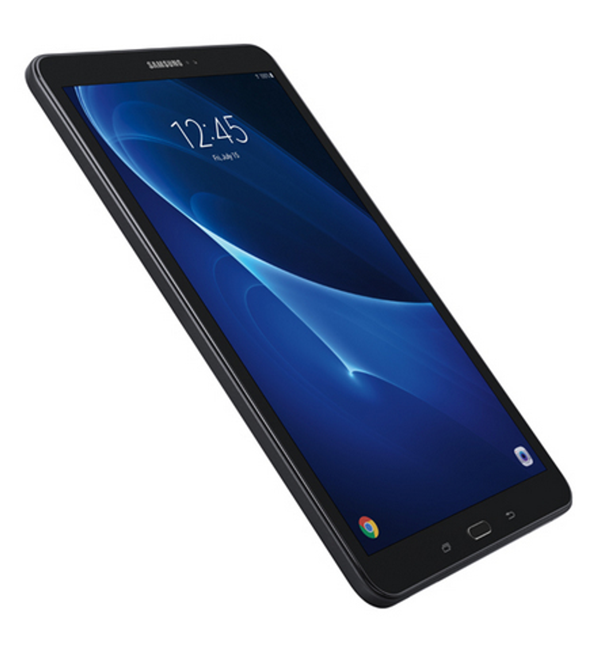 Ein schwarzes Tablet mit blauem Bildschirm, das die Uhrzeit und das Datum anzeigt.