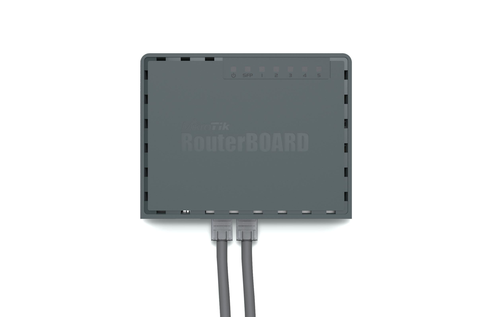 Szary router z dwoma szarymi kablami wychodzącymi z dołu.