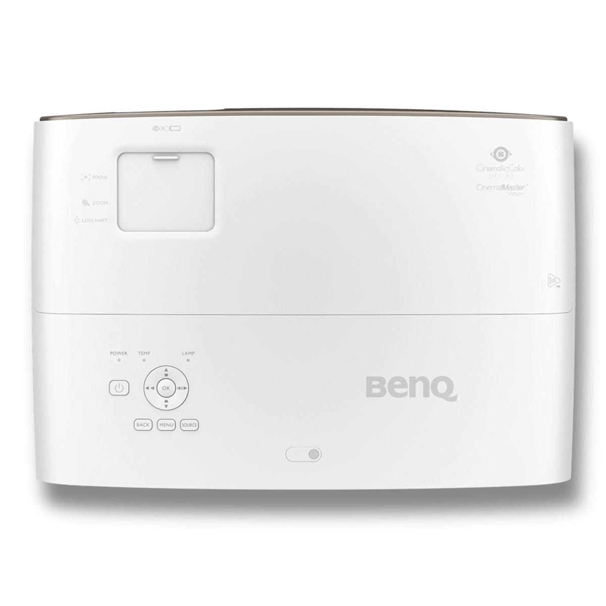 Un proyector BenQ blanco con botones y lente, con fondo blanco y sombra.