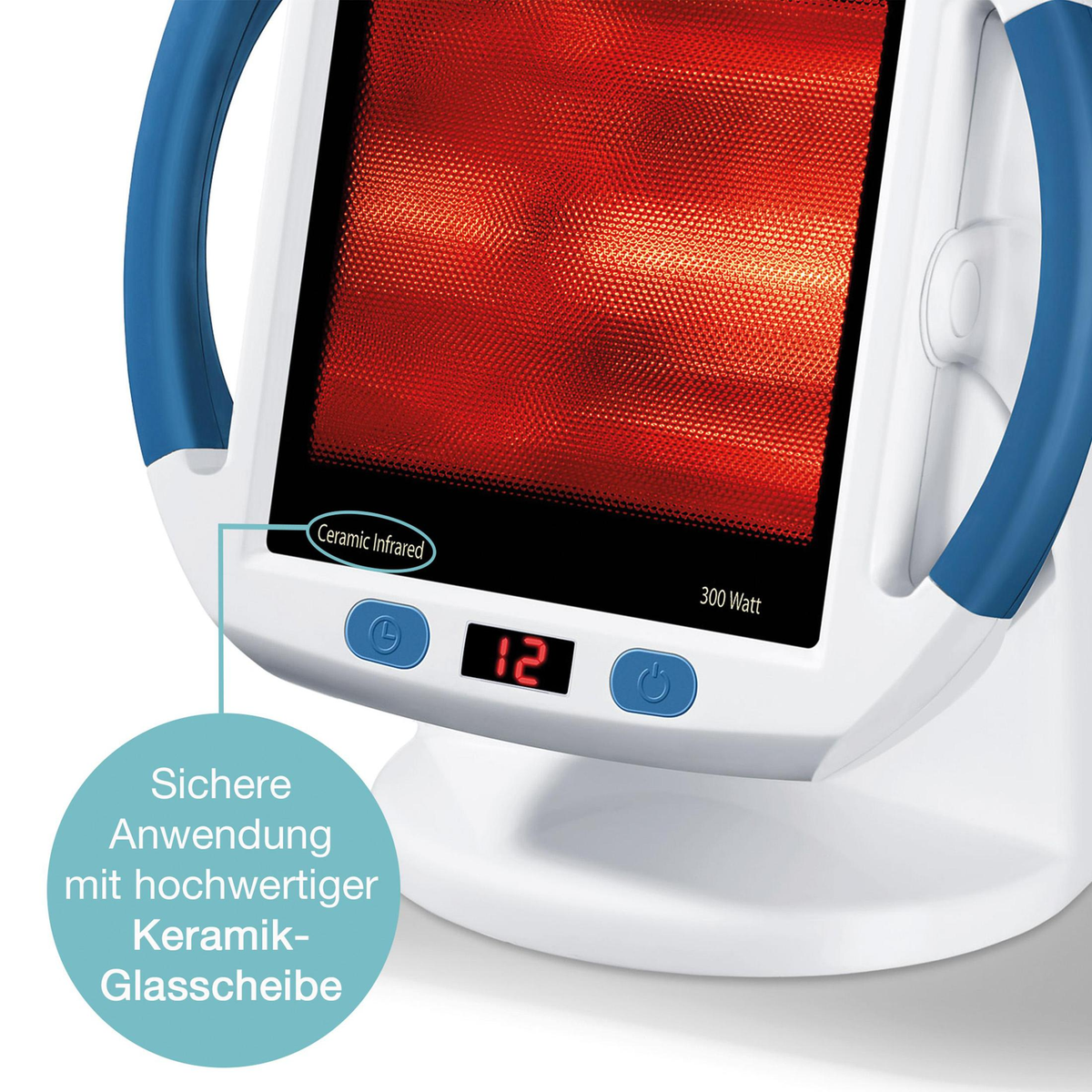 Dispositivo per terapia a infrarossi. Luce rossa, maniglie blu, display digitale. Testo: Infrarossi ceramici.