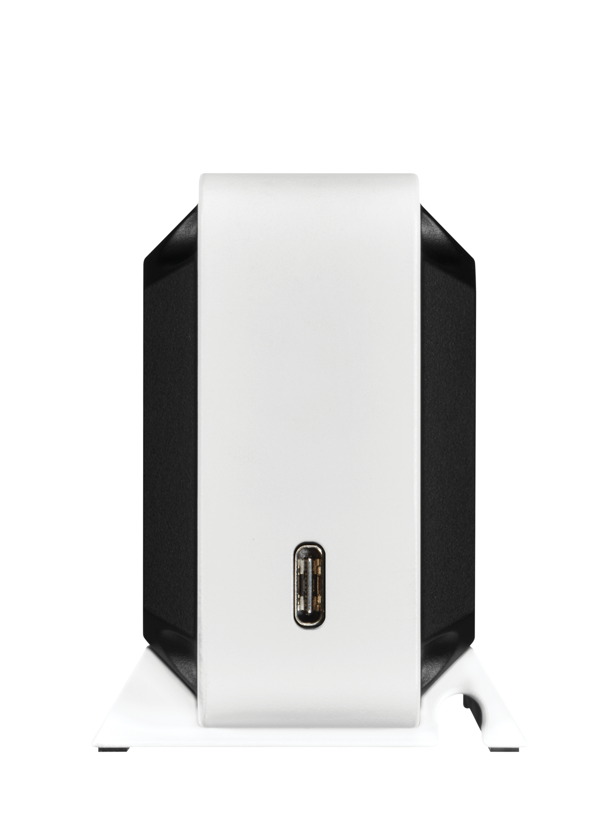 Supporto di ricarica bianco e nero con porta USB. Sfondo bianco.
