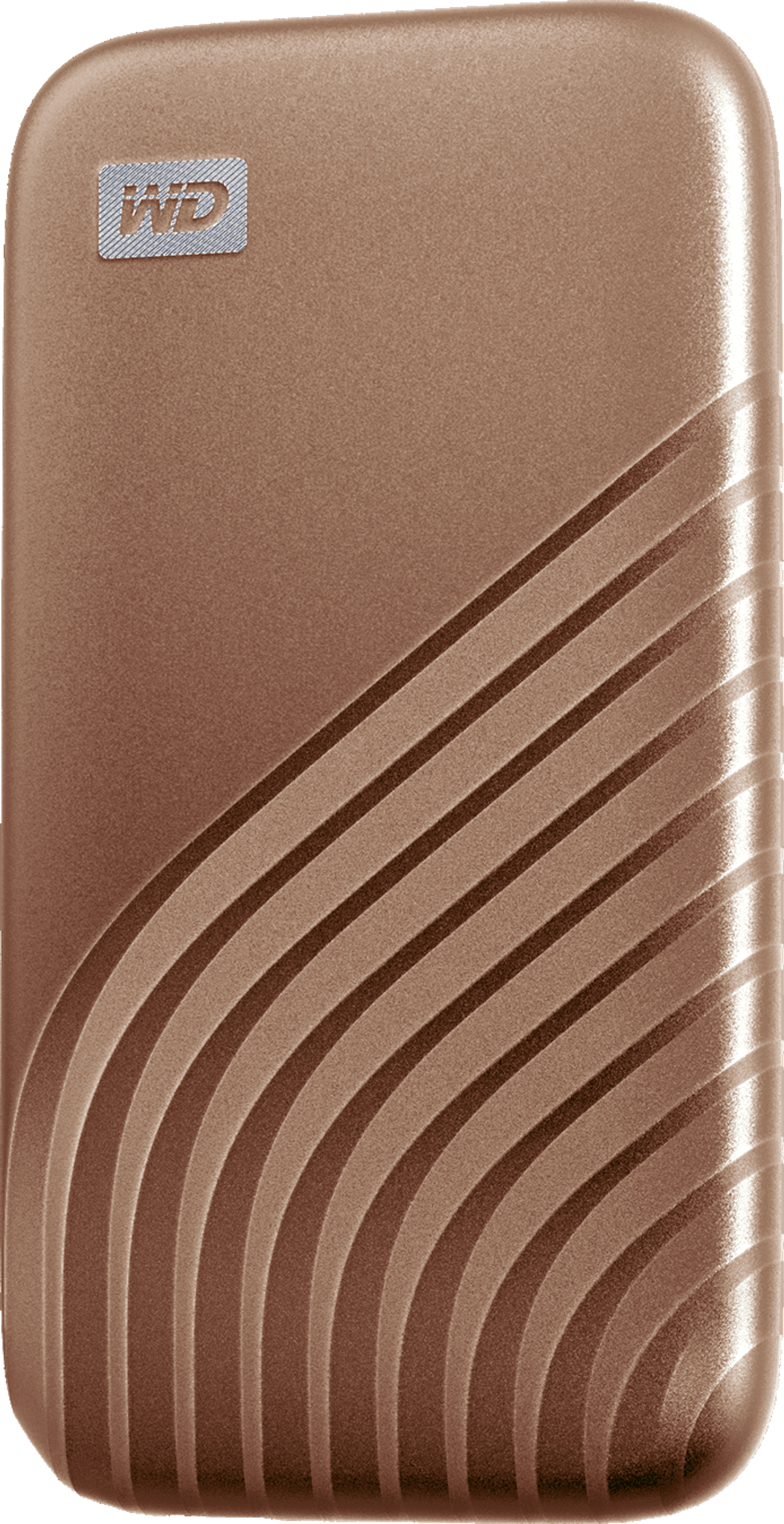 Przenośny dysk twardy w kolorze brązu z falistym wzorem.