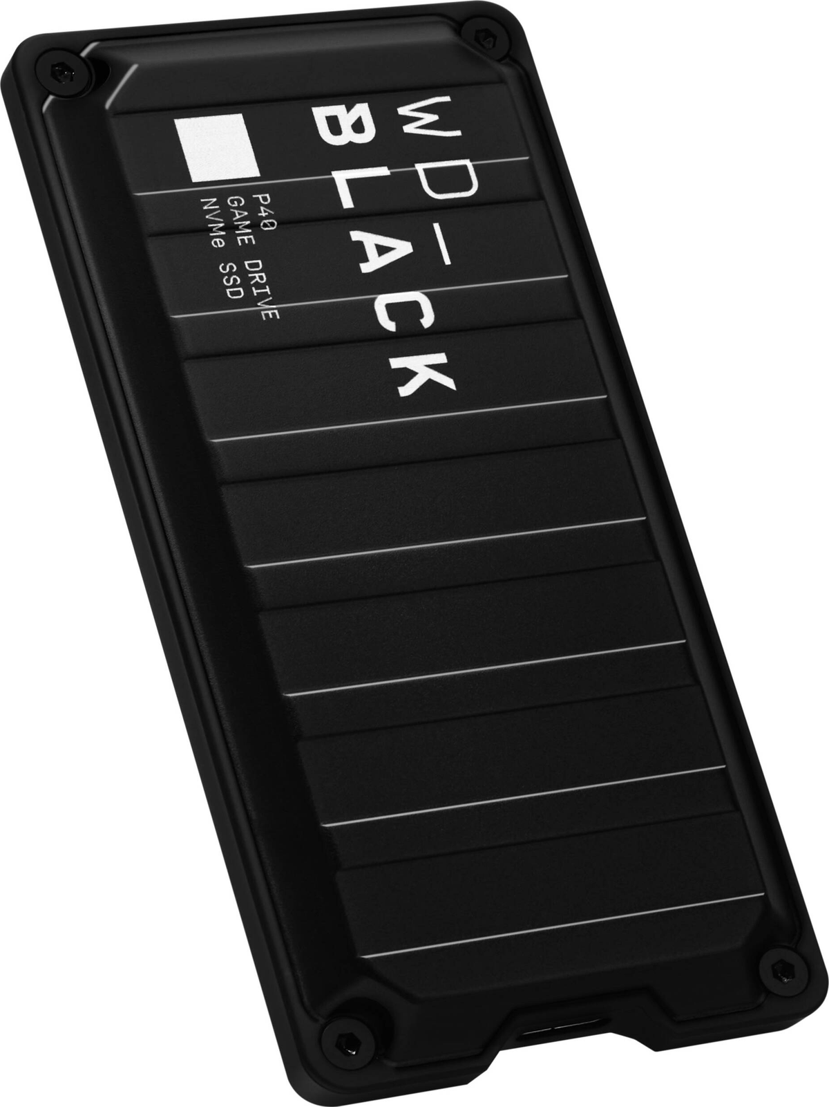 Czarny dysk SSD NVMe WD_BLACK. Biały tekst z przodu. Prostokątny kształt z żebrami.