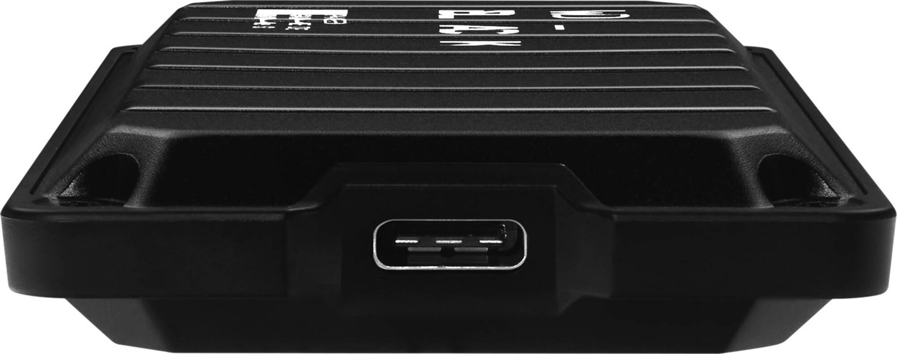 Czarny zewnętrzny dysk twardy z portem USB-C. Dysk ma żebrowaną powierzchnię.