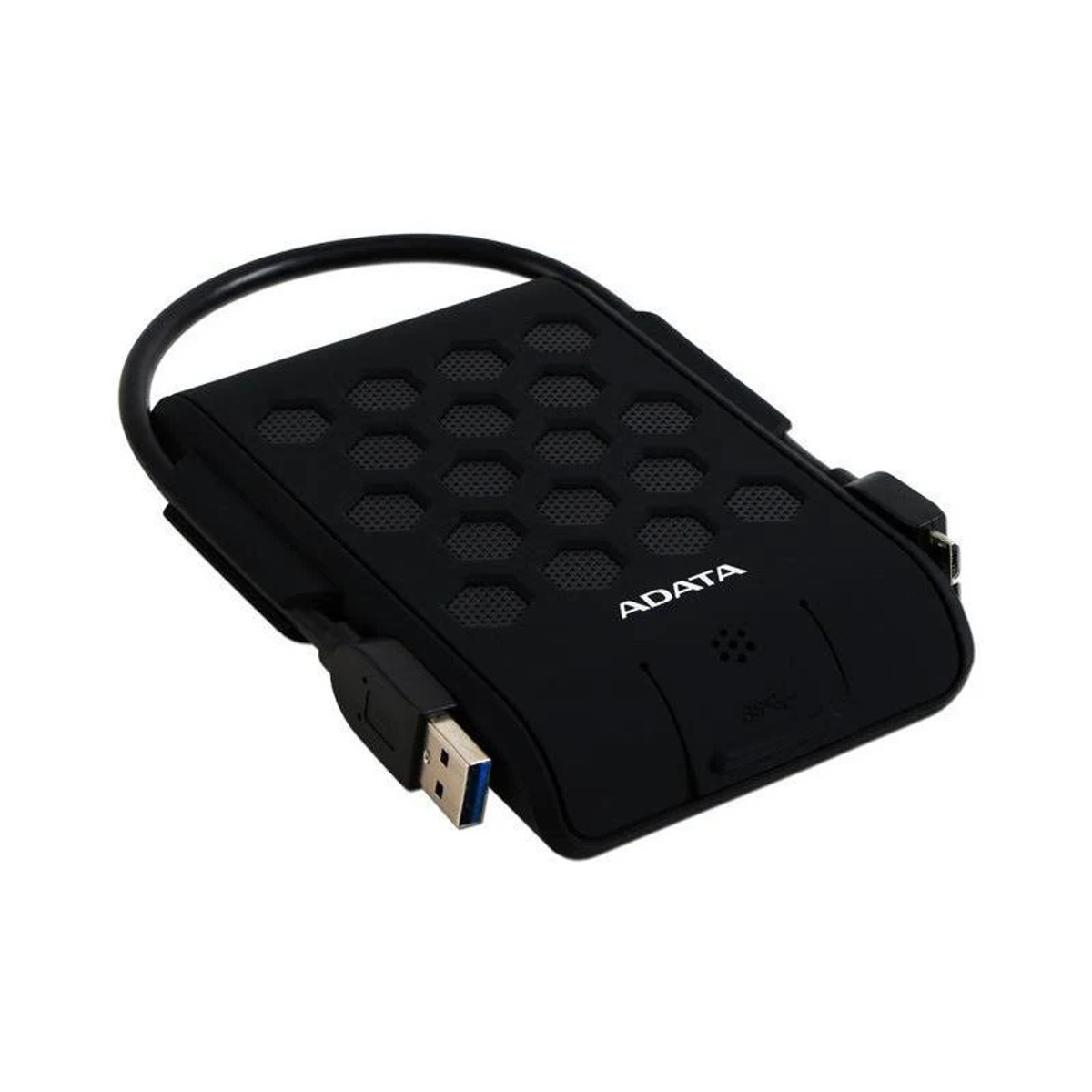 Black ADATA external hard drive with USB cable. The device is on a white background.