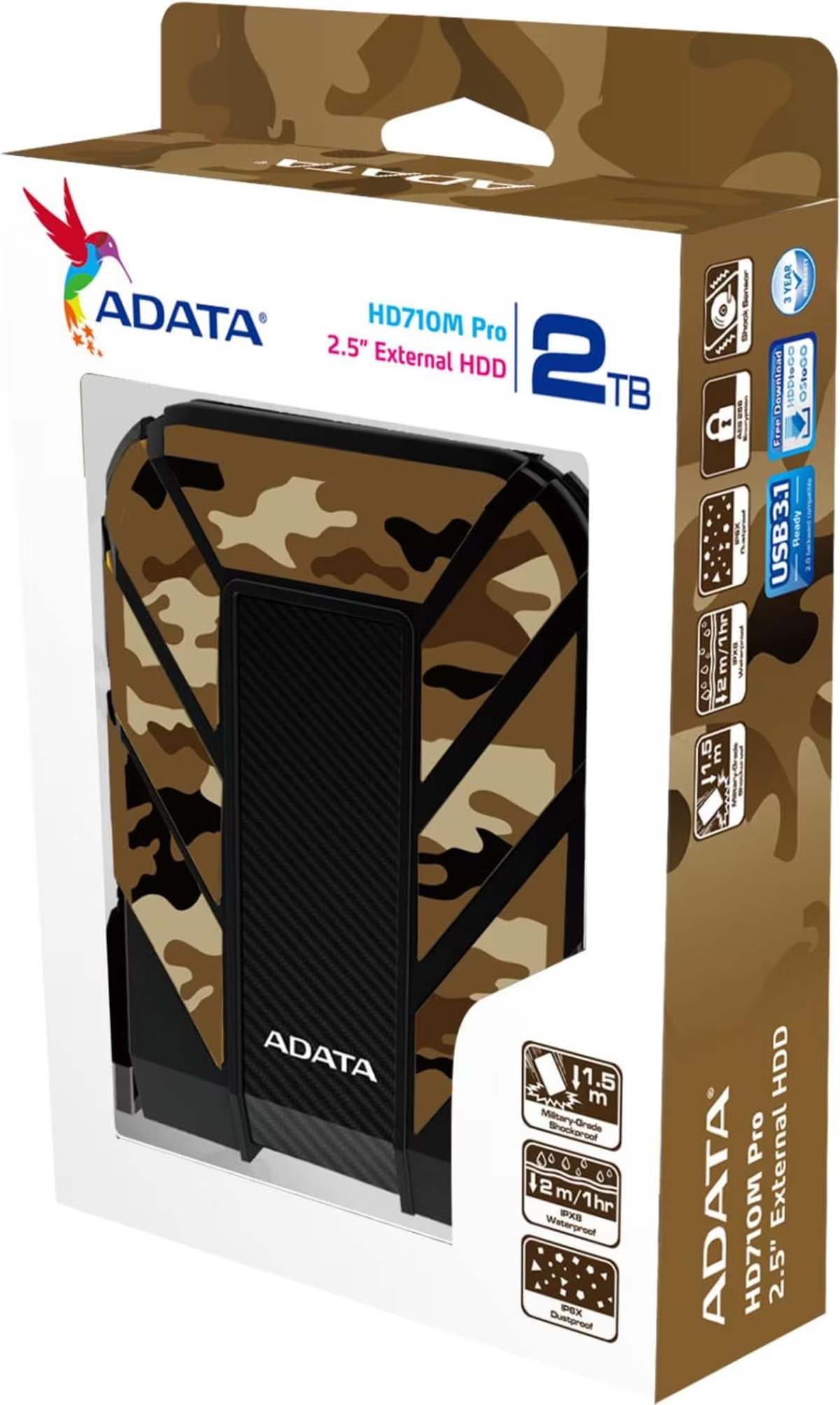 Opakowanie zewnętrznego dysku twardego. Wzór kamuflażu. Białe tło.