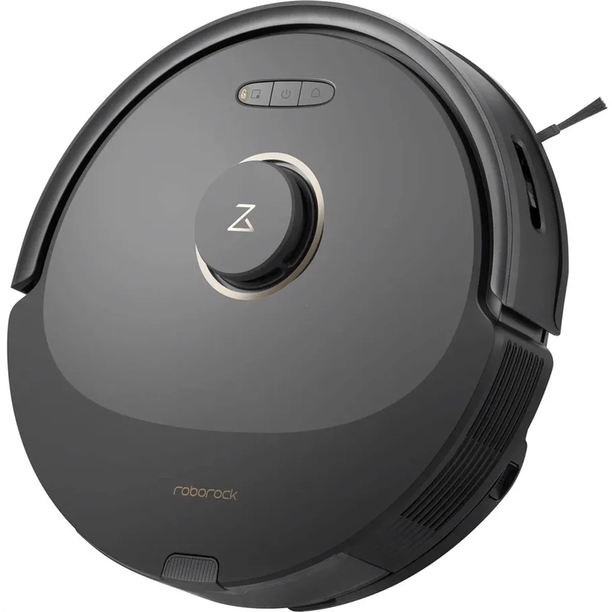 Ein dunkelgrauer Roboter-Staubsauger auf weißem Hintergrund.