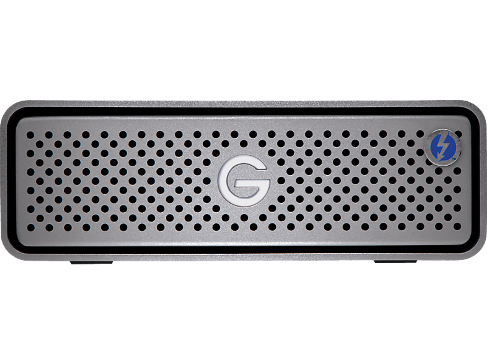 Srebrny dysk twardy G-Technology. Ma siatkę otworów i logo błyskawicy.