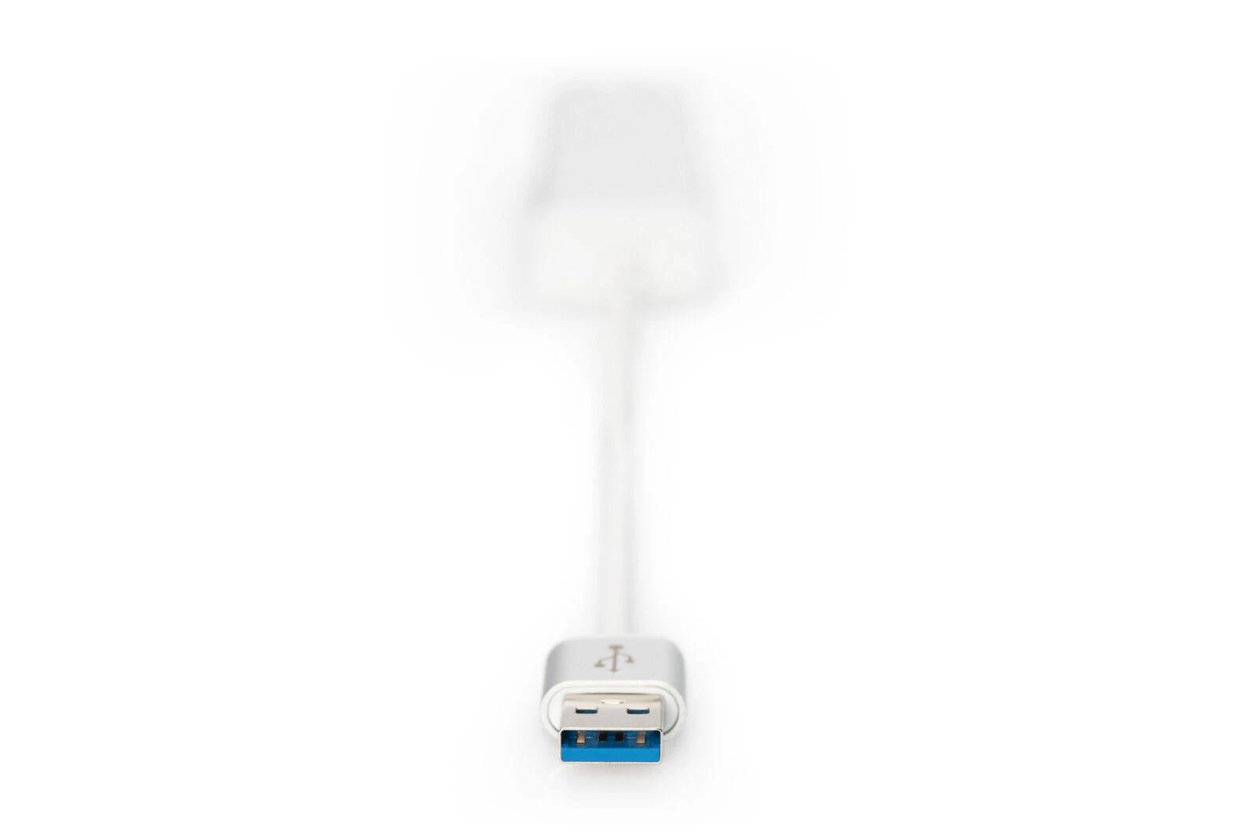 Un cavo USB bianco con un connettore USB a un'estremità e un connettore USB-A blu all'altra.