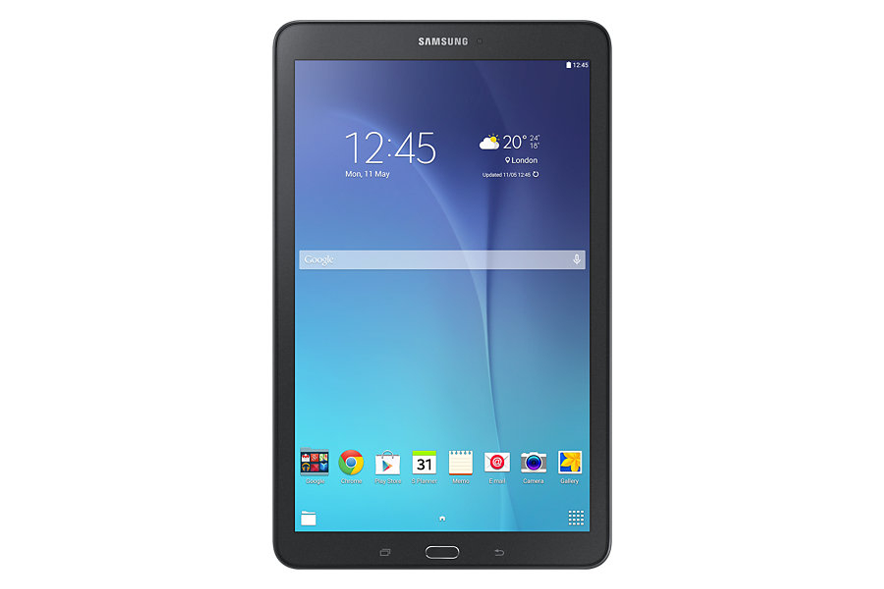 Ein schwarzes Samsung-Tablet, das Uhrzeit, Datum und App-Symbole anzeigt. Der Bildschirm ist eingeschaltet.