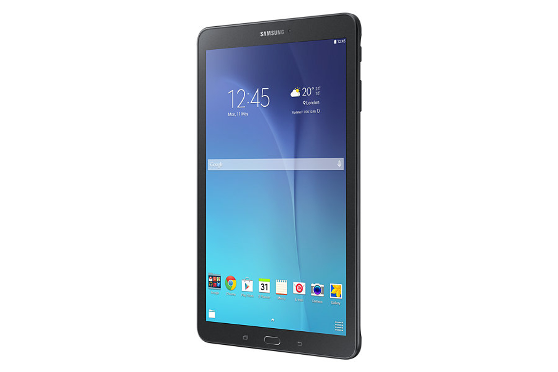 Schwarzes Samsung Tablet, das Zeit und Datum auf einem blauen Bildschirm anzeigt.