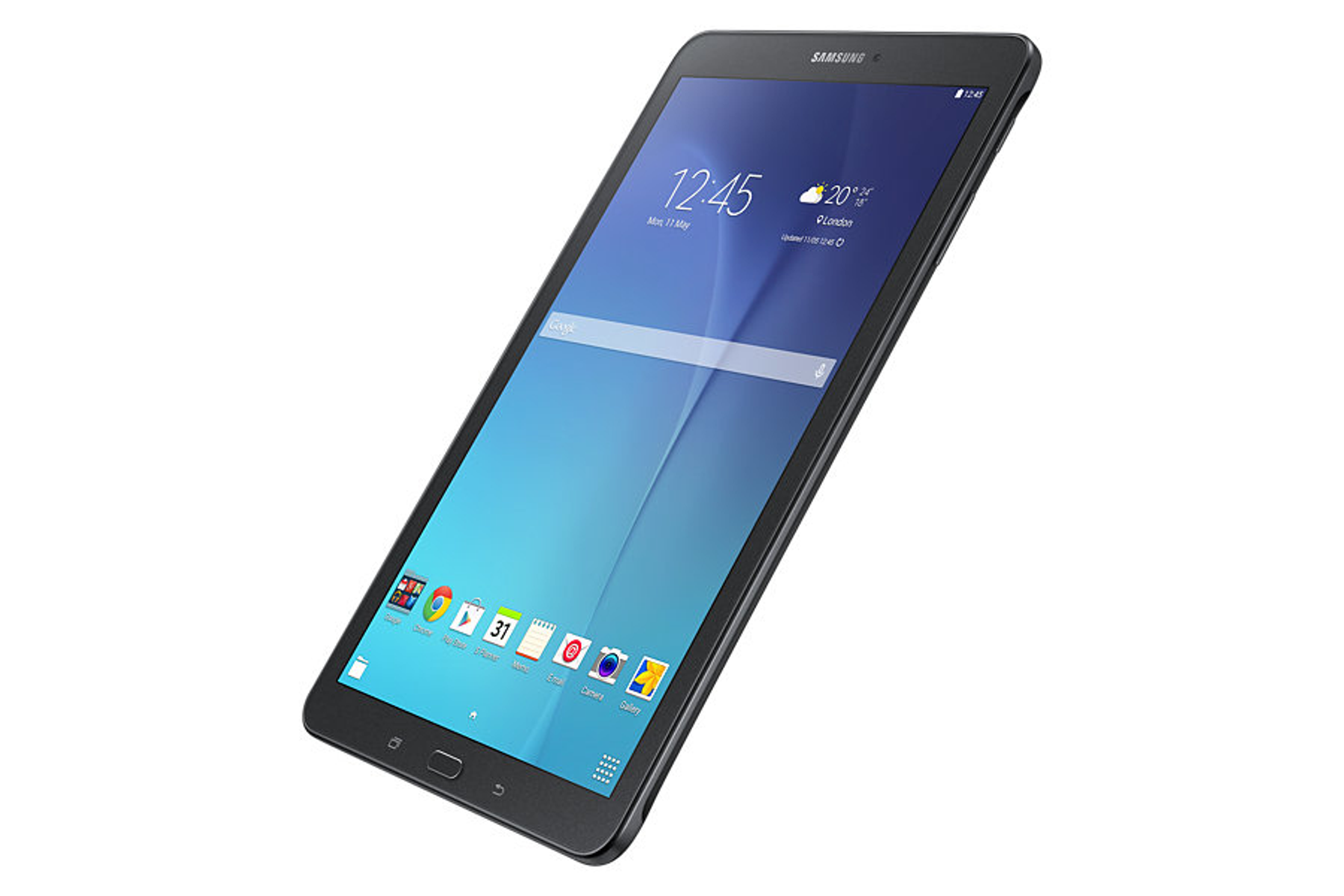 Ein schwarzes Tablet mit Touchscreen, das ein Menü mit Symbolen anzeigt. Die Uhrzeit ist 12:45 Uhr.