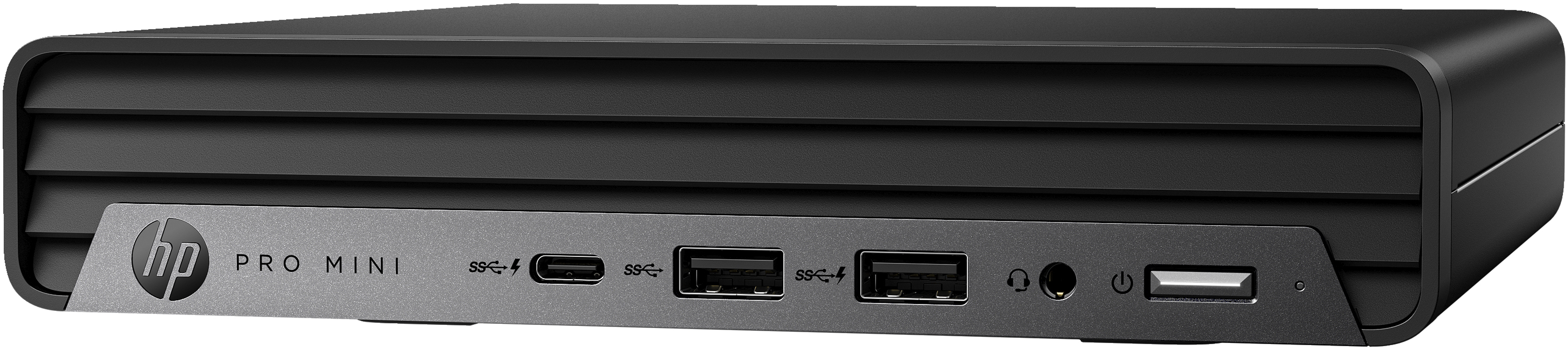 Primo piano del pannello posteriore di un HP Pro Mini. Le porte includono USB-C, USB, audio e alimentazione.