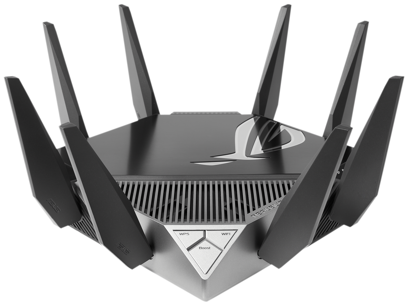 Czarny i srebrny router z sześcioma antenami, z logo ROG.