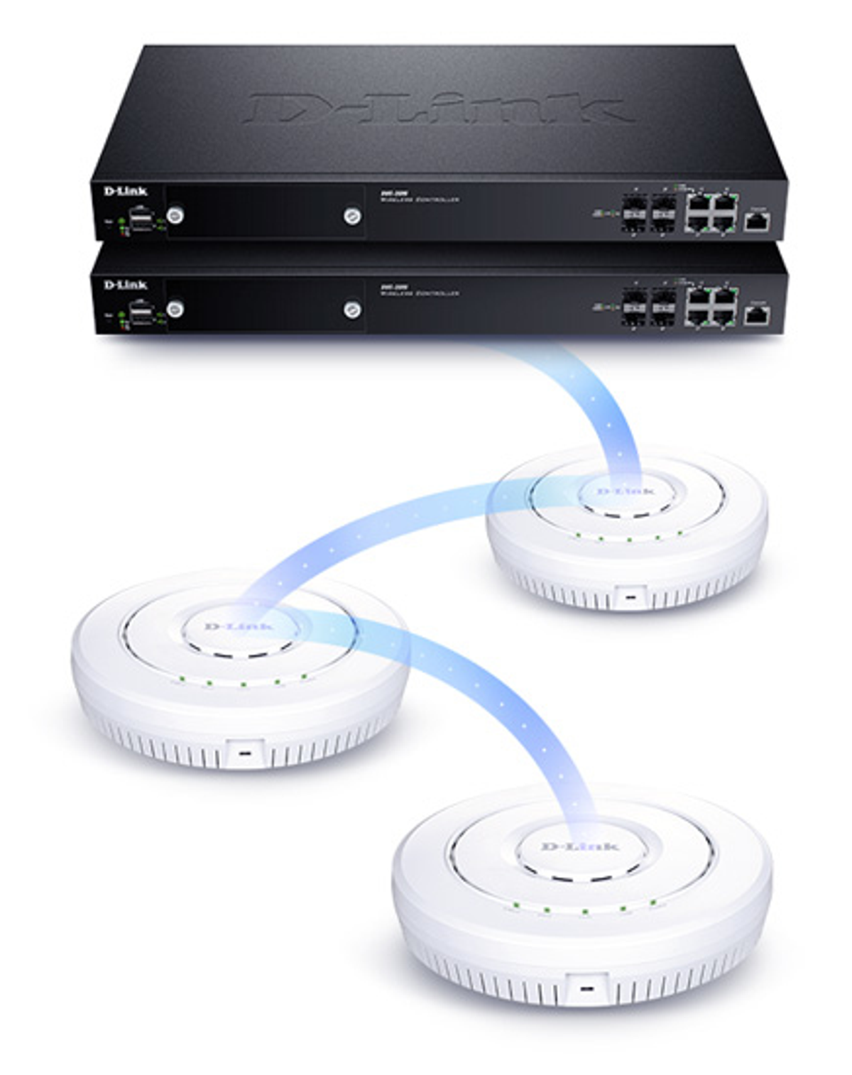 Dispositivos de red D-Link: dos cajas negras y tres puntos de acceso blancos con conexiones azules.