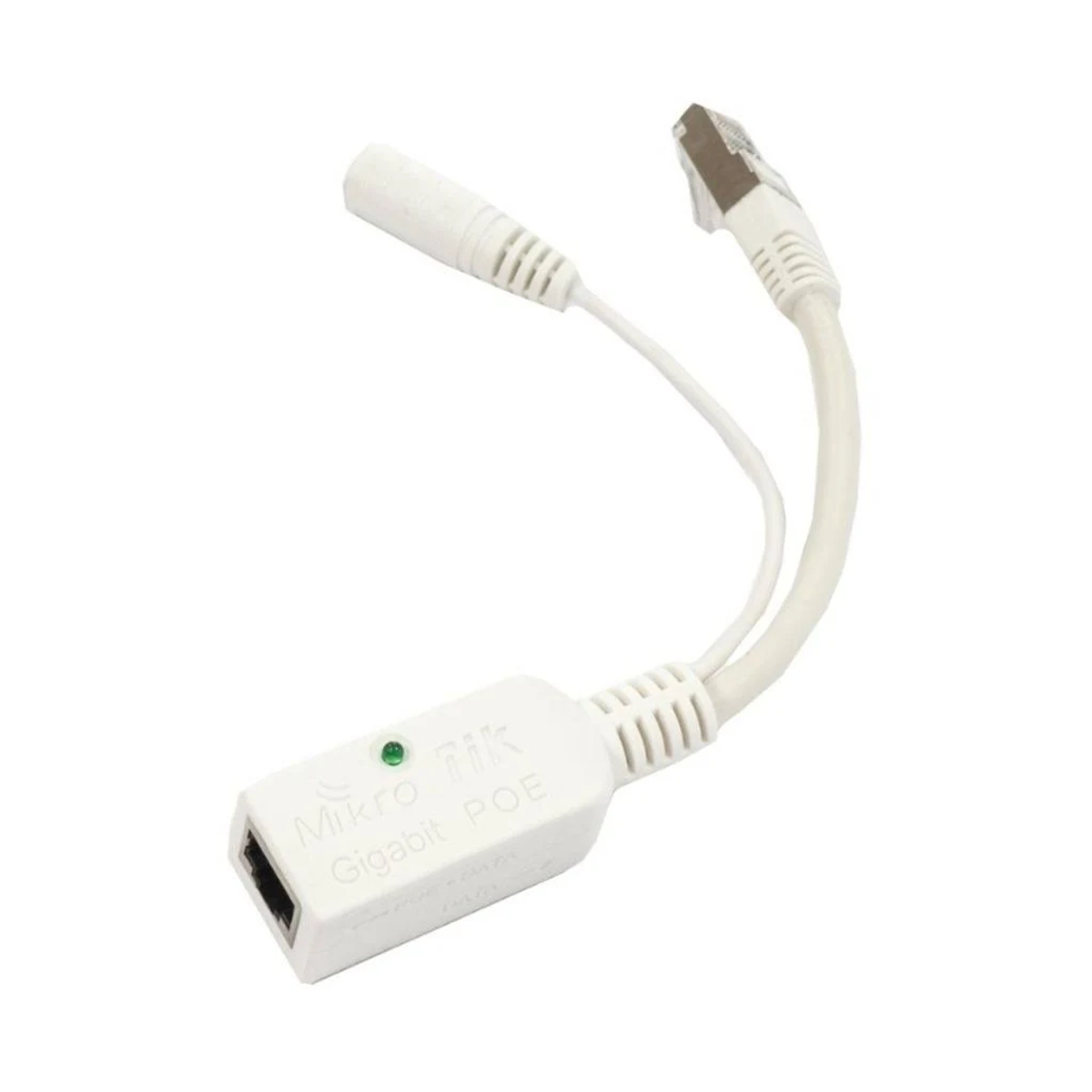 Biały adapter MikroTik Gigabit POE z dwoma białymi kablami. Białe tło.