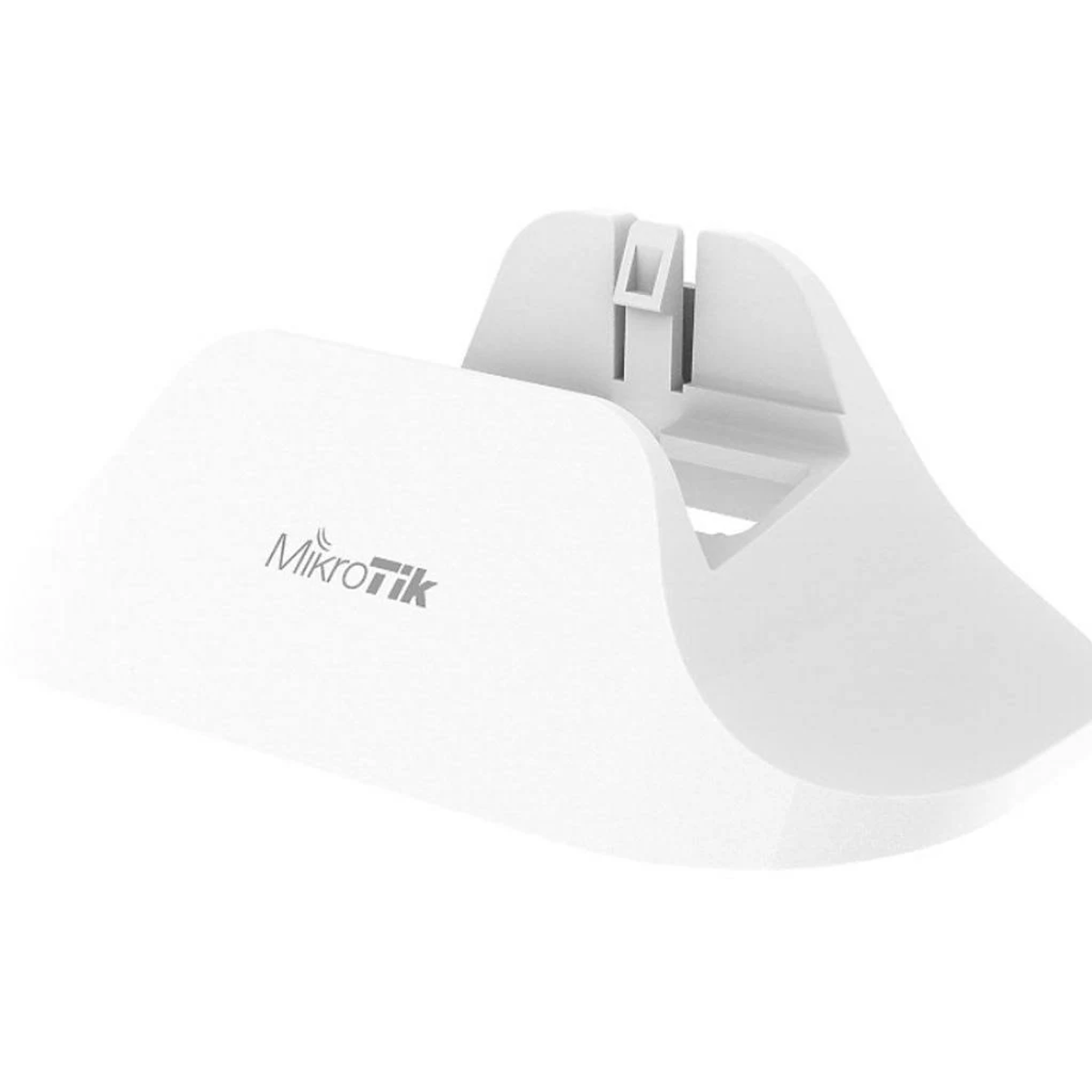 Biała podstawka routera Mikrotik. Ma zakrzywiony kształt z logo Mikrotik z przodu.