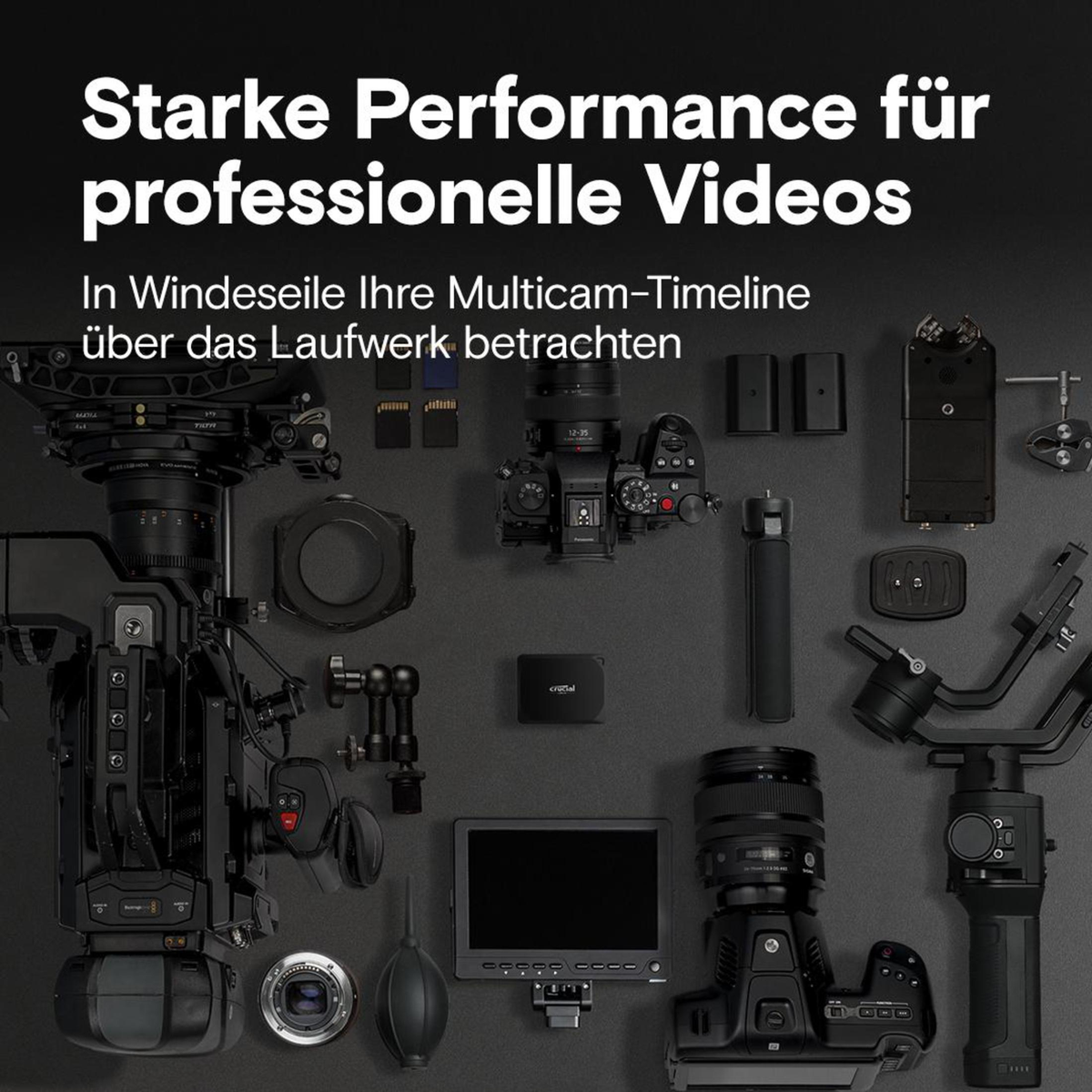 Profesjonalny zestaw sprzętu wideo: kamery, światła, mikrofony, akcesoria, czarne tło.