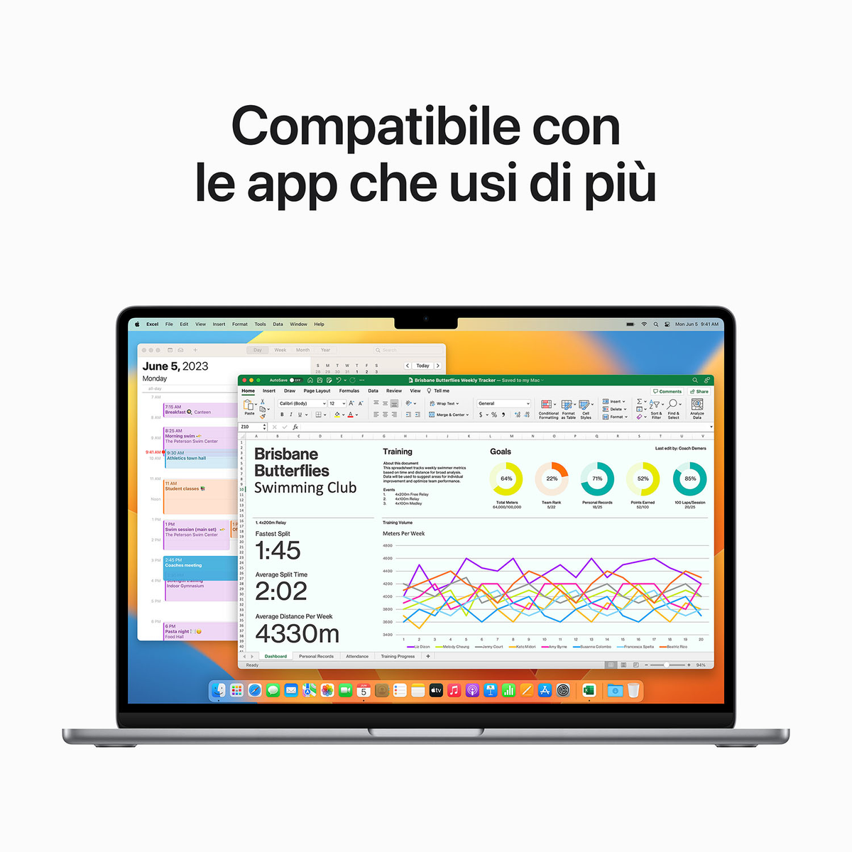 Un laptop che mostra un foglio di calcolo con dati, il testo sopra dice 'Compatibile con le app'.