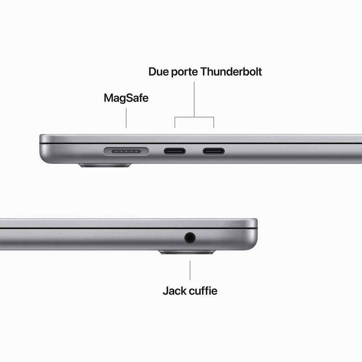 Primo piano delle porte di un laptop argentato. Porta MagSafe, porte Thunderbolt e jack per cuffie.