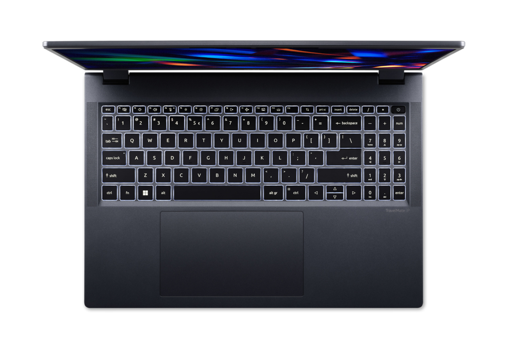 Laptop, vista superior, teclado visible. Pantalla abierta, mostrando una pantalla colorida. Teclado y panel táctil son prominentes. Fondo blanco.