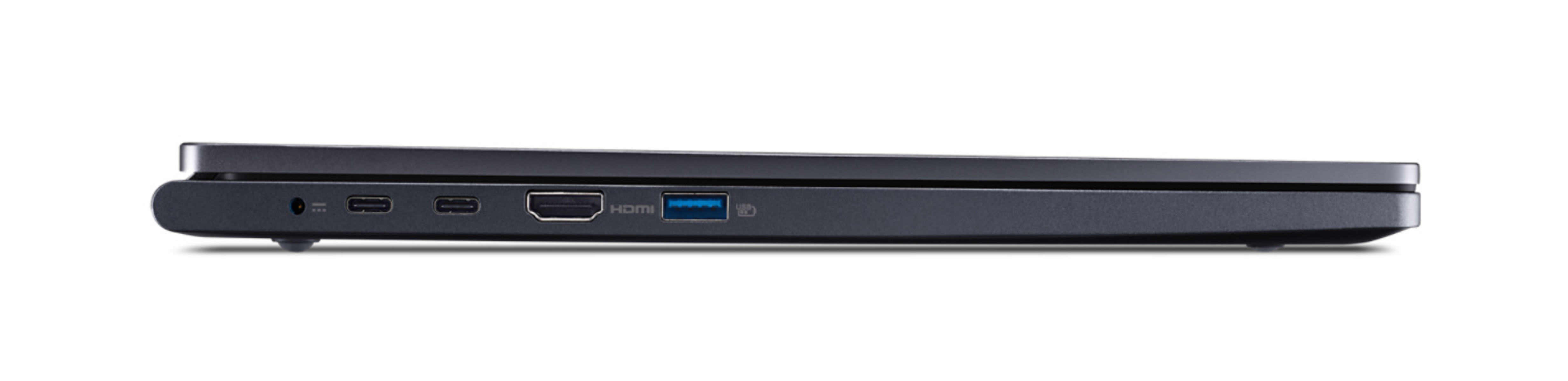 Vista lateral de portátil oscuro mostrando puertos. Incluye puertos USB, HDMI y Thunderbolt en línea recta.