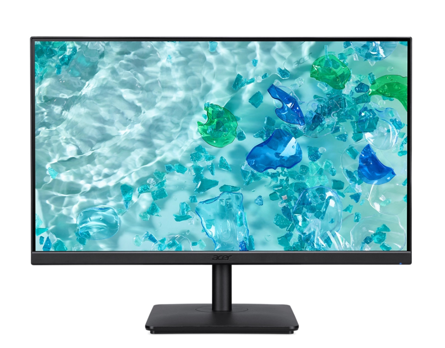 Un monitor de computadora muestra agua con formas coloridas. El monitor es negro con un logo de Acer en la parte inferior.