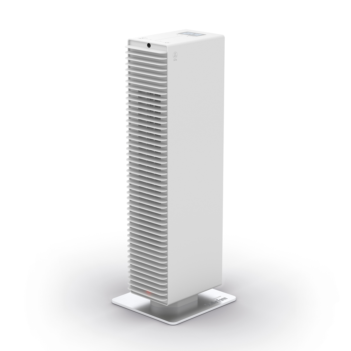Hoge witte luchtreiniger met lamellen, op een metalen voet. Staat op een wit oppervlak.