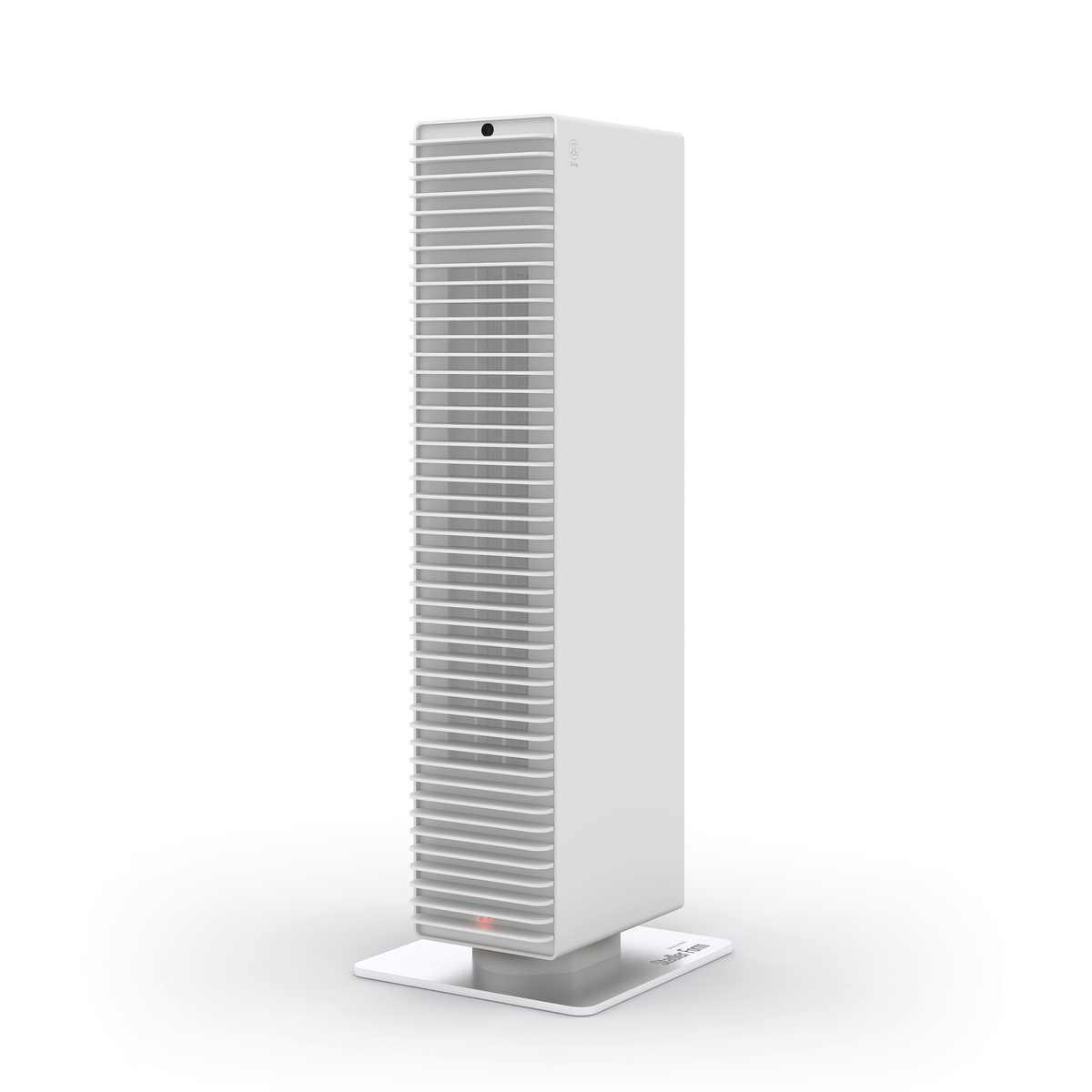 Een hoge witte torenventilator. Hij staat op een witte basis. Heeft verticale lamellen. Een rood licht is zichtbaar aan de onderkant.