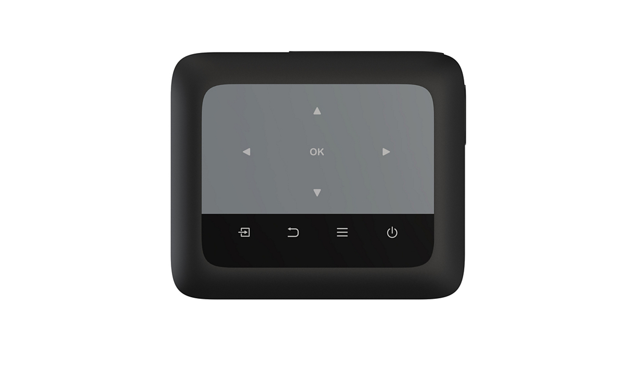 Czarny pilot z przyciskami strzałek i zasilania. Ekran jest czarny, widoczny jest szary prostokąt.