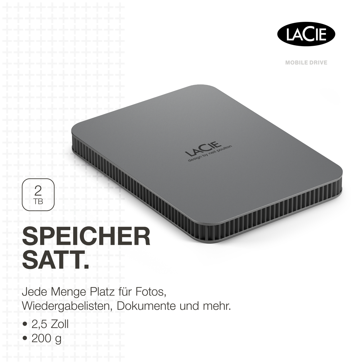 Szary zewnętrzny dysk twardy LaCie. Tekst na pudełku mówi 2 TB i Speicher Satt.