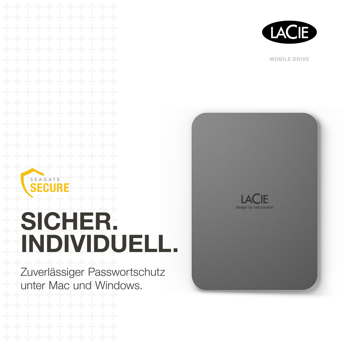 Szary dysk mobilny LaCie na białym tle z tekstem.