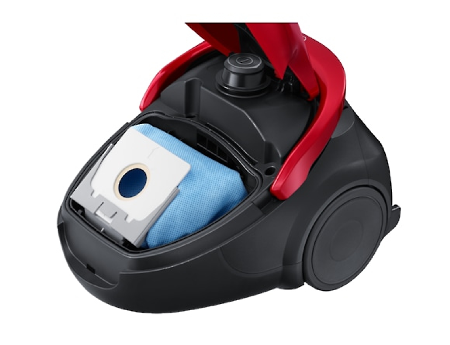 Odkurzacz z otwartą górą, pokazujący niebieski worek w środku. Czerwone akcenty.