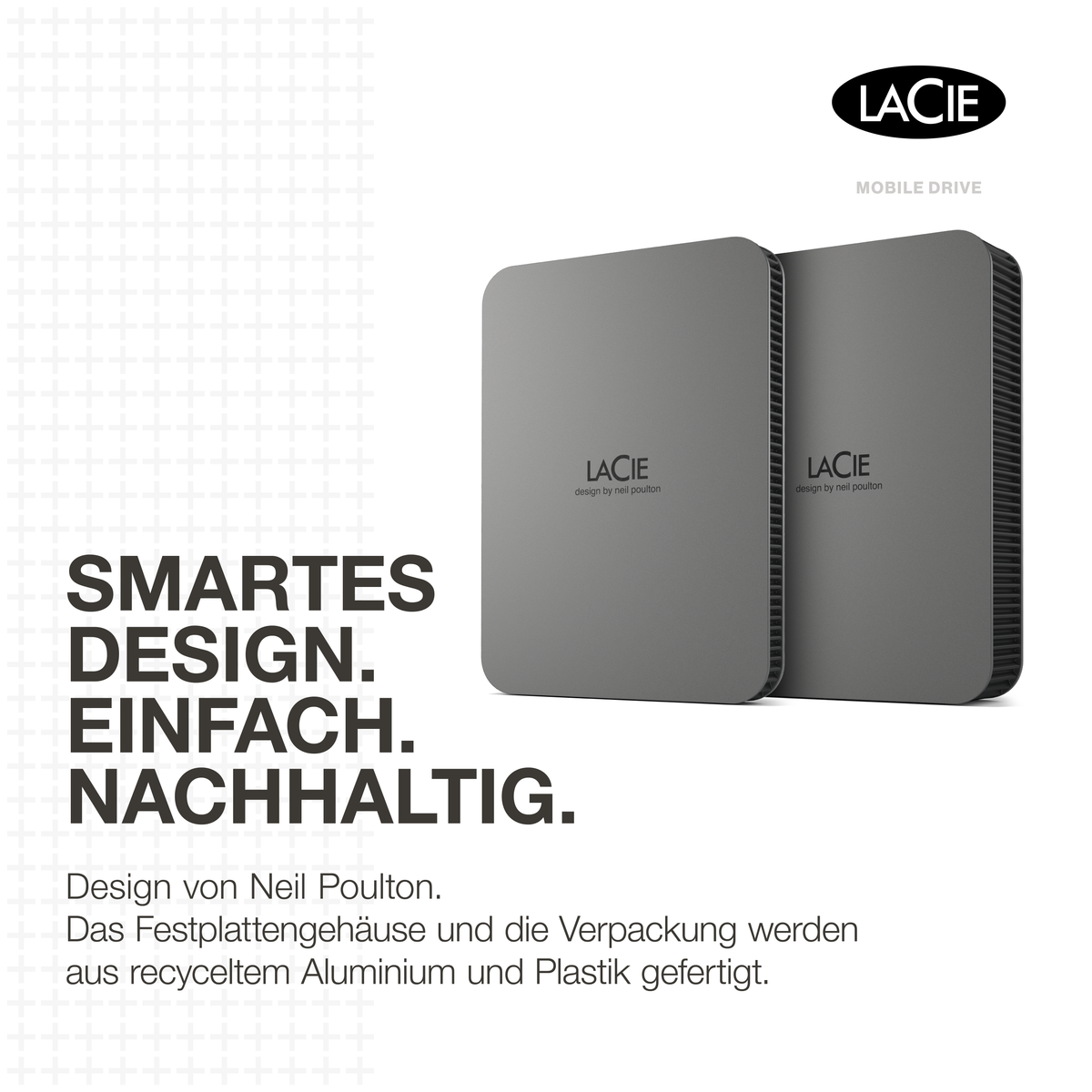 Dwa szare zewnętrzne dyski twarde z tekstem i logo LaCie na białym tle w kratkę.