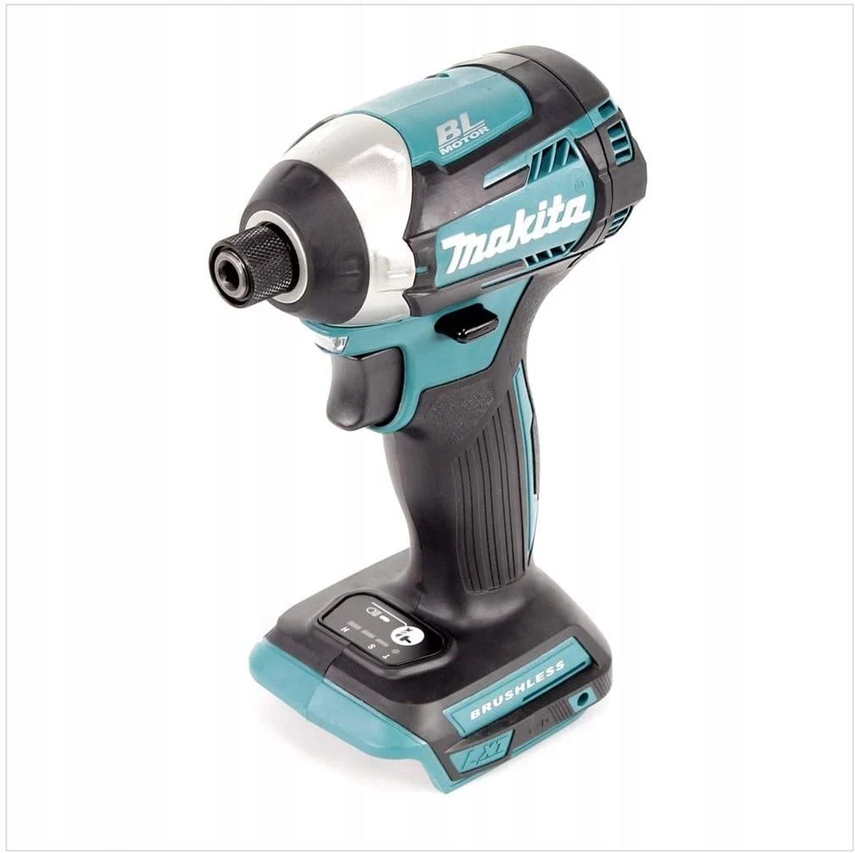 Turkusowy i czarny wkrętak udarowy Makita na białym tle, widok z boku.