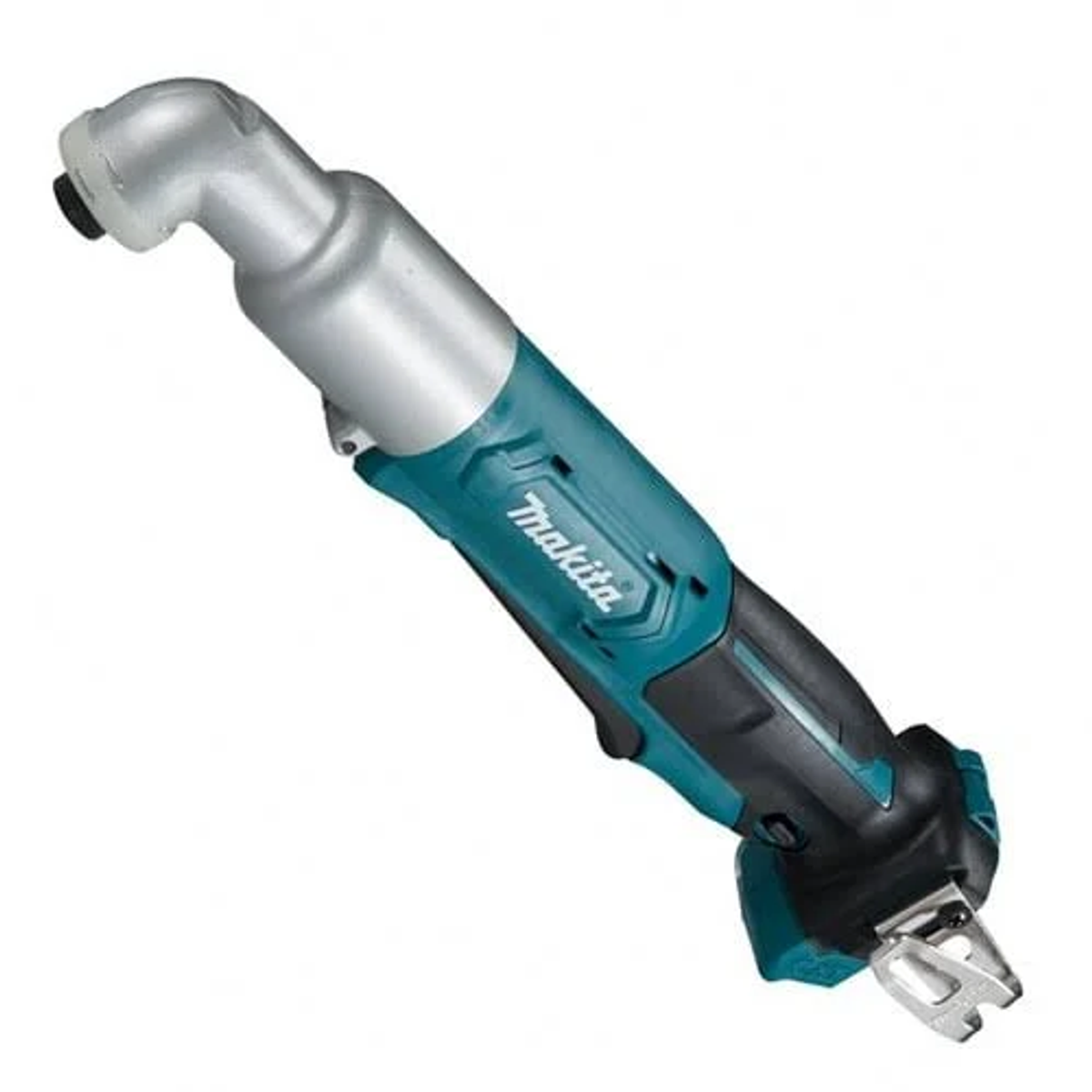 Una amoladora angular Makita turquesa y plateada sobre un fondo blanco.