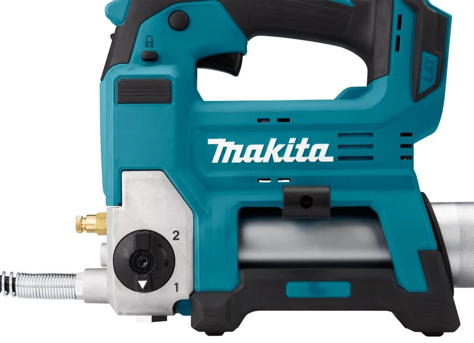 Primer plano de una pistola engrasadora inalámbrica Makita en turquesa y negro.