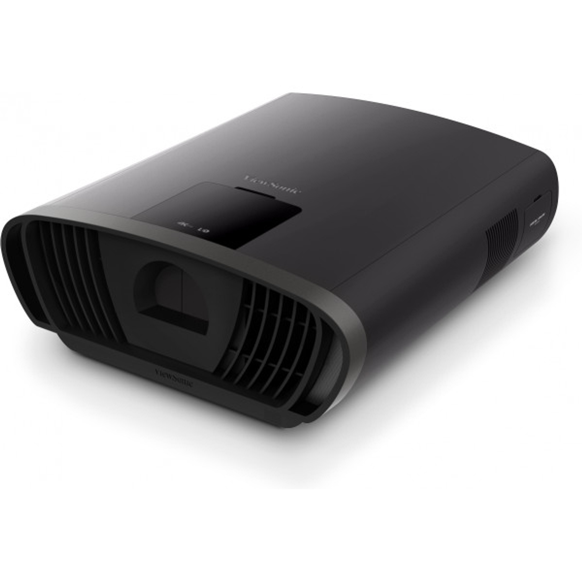 Un proiettore ViewSonic nero su sfondo bianco. Ha un bordo grigio scuro e un obiettivo nella parte anteriore.