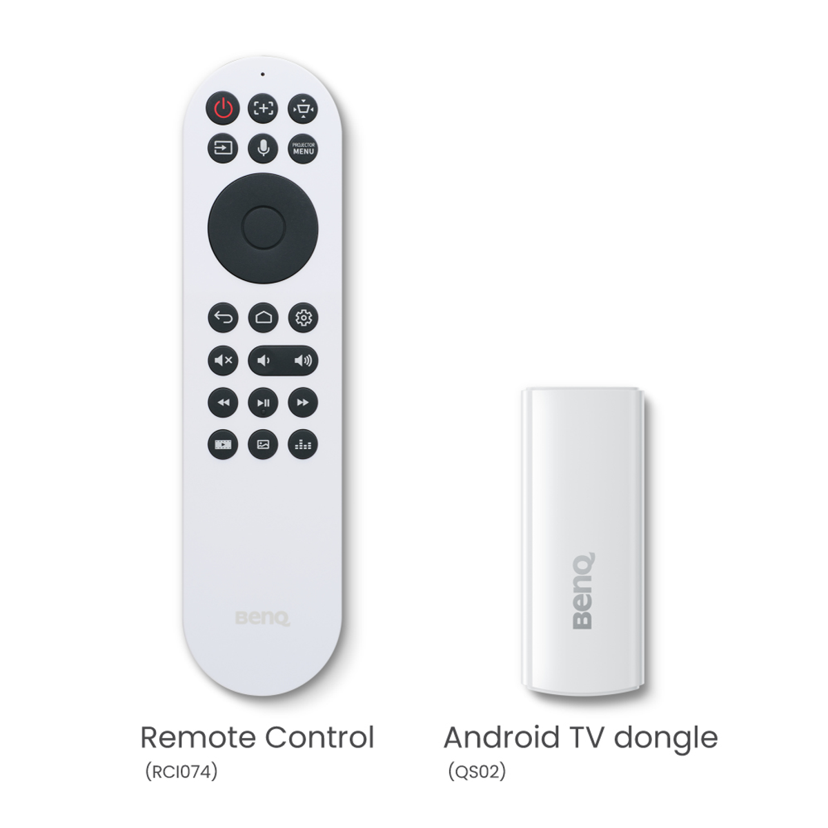 Weiße Fernbedienung und Android TV Dongle von BenQ auf weißem Hintergrund. Text beschriftet sie.