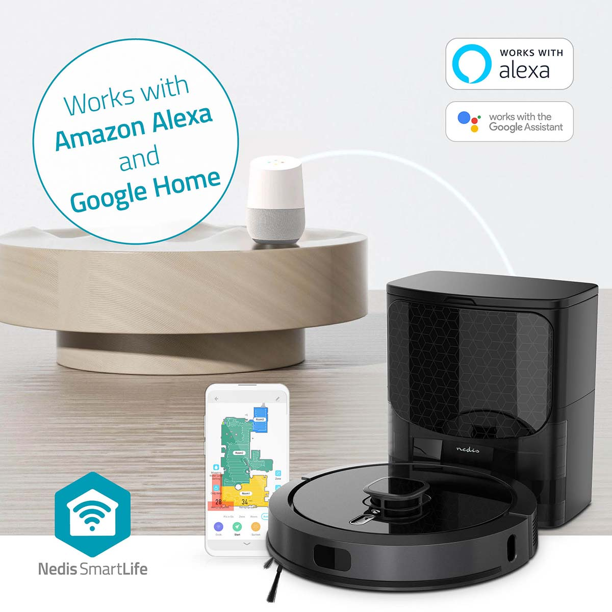 Odkurzacz robot i stacja ładująca. Tekst o Alexie i Asystencie Google. Białe tło.