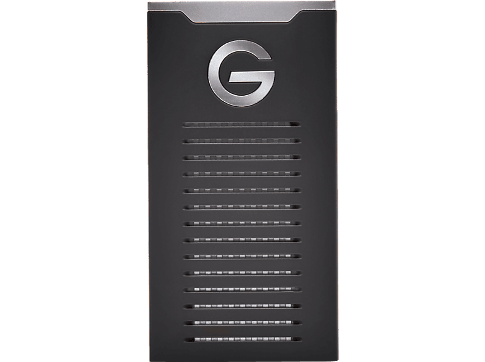 Czarny zewnętrzny dysk twardy G-Technology ze srebrnym logo na czarnym tle.