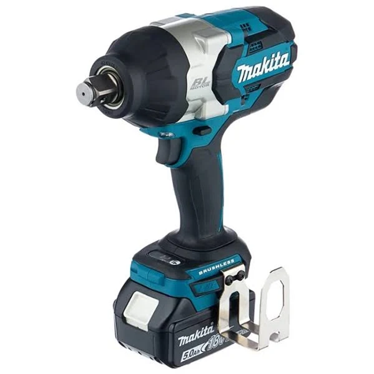 Czarny i turkusowy klucz udarowy Makita z dołączoną baterią, silnikiem bezszczotkowym i uchwytem.