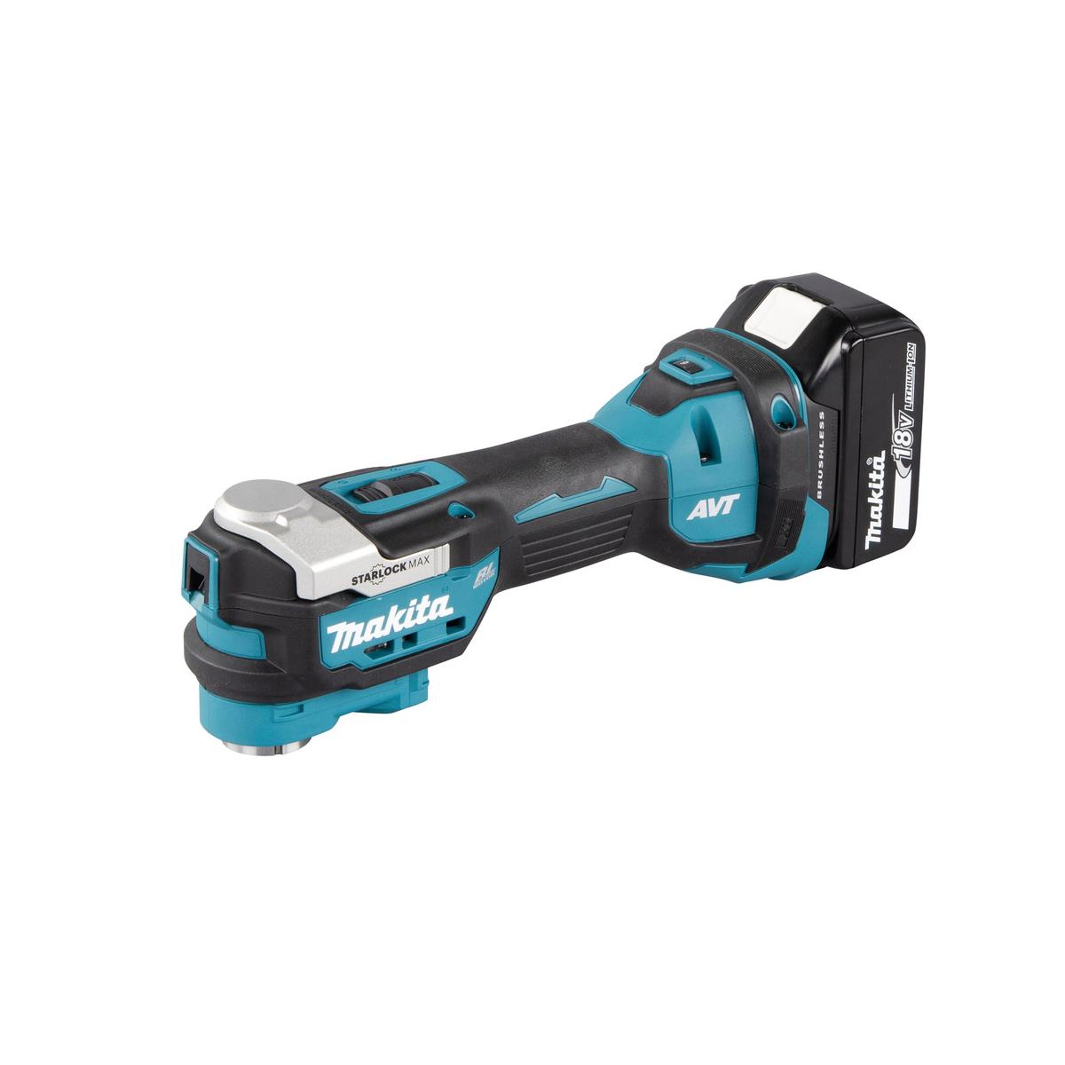 Makita multi-tool, czarno-turkusowe, na białym tle. Widok z góry.