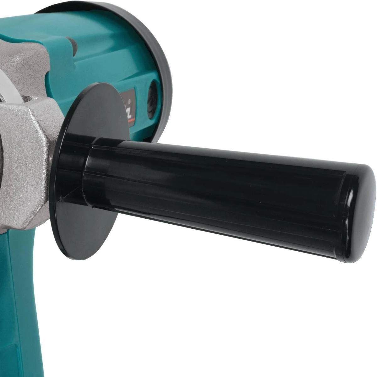 Primo piano dell'impugnatura e della protezione del disco di una smerigliatrice angolare Makita nera e verde acqua.