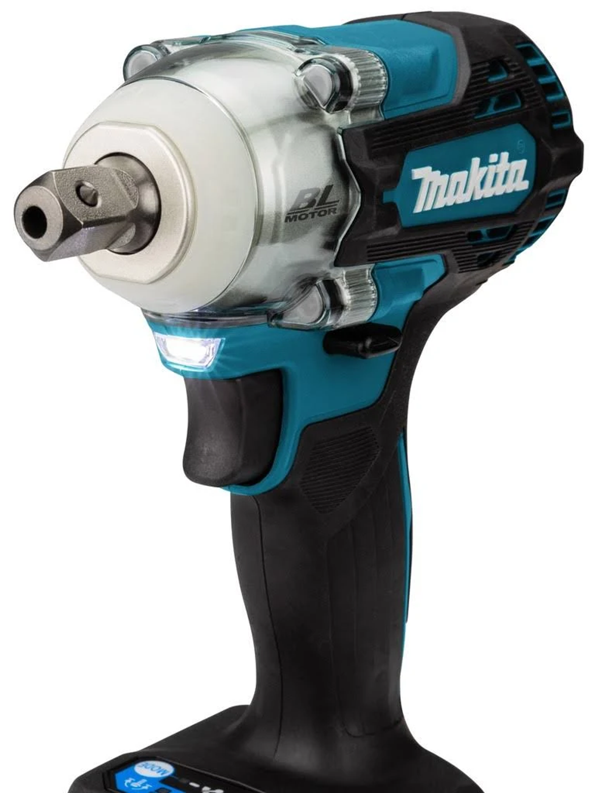Ein kabelloser Schlagschrauber mit schwarz-türkisfarbenem Farbschema und der Marke Makita.